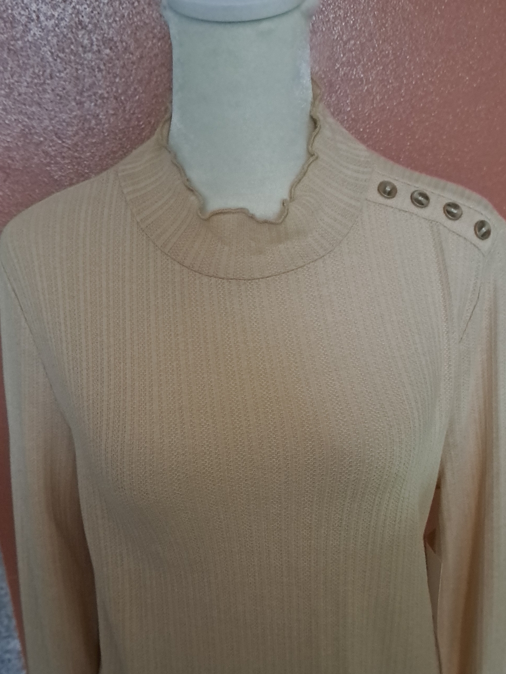 Madison Beige Ribbed Crewneck Sweater with Shoulder Buttons